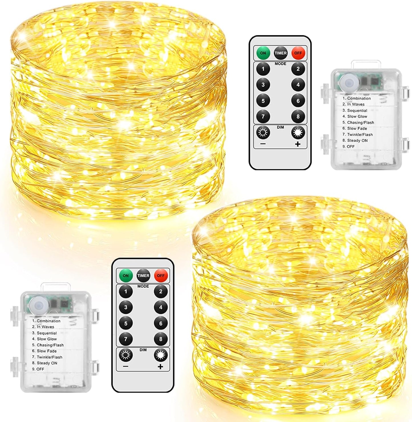 2 Pack 100 LED Fairy Lights Battery Operated with Remote, 33FT Waterproof Twinkle Lights with 8 Modes & Timer, String Lights for Bedroom DIY Wedding Indoor Outdoor Christmas Decorations, Warm White