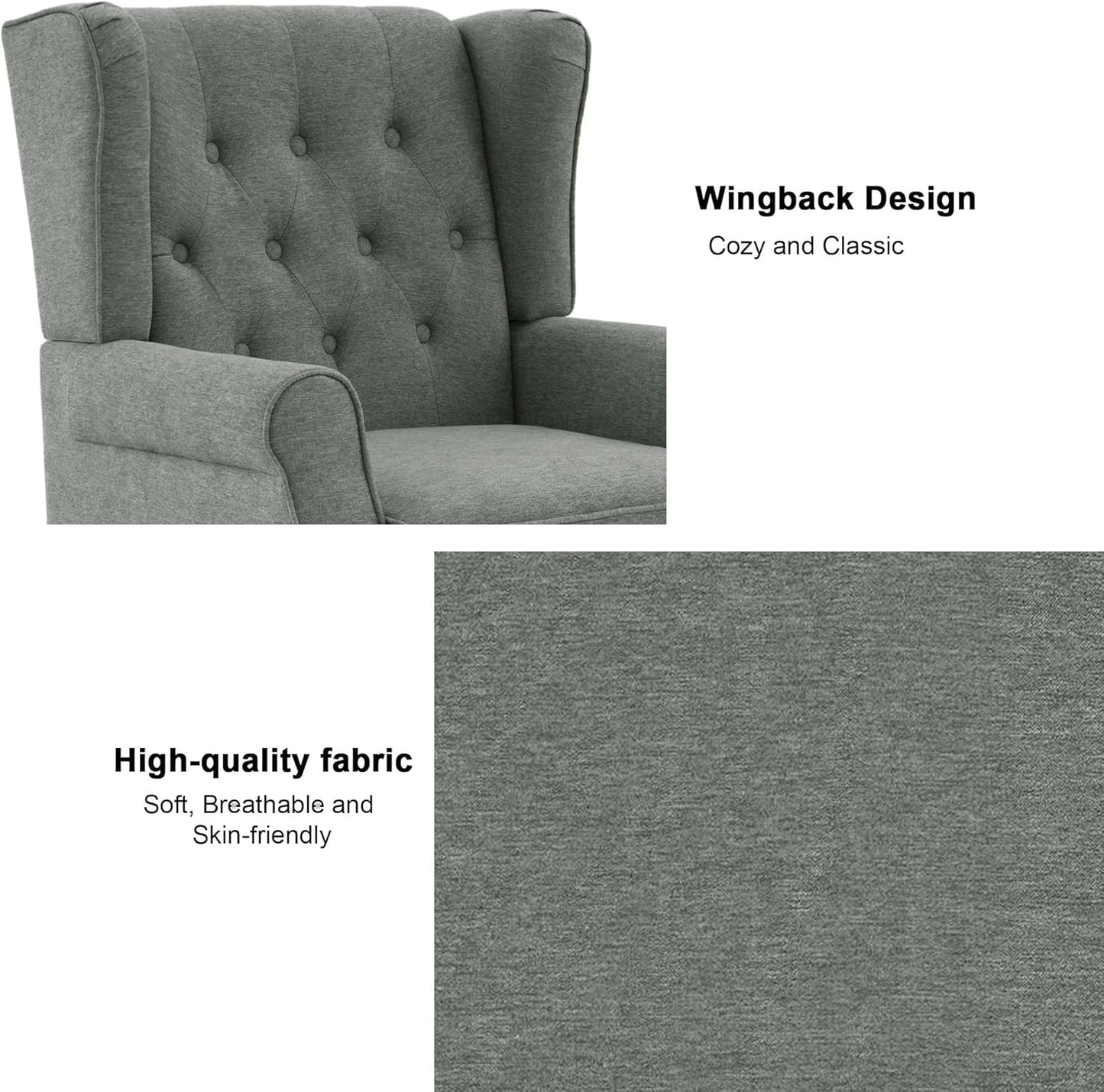 Accent Chair, Upholstered Armchair with Button Tufted High Back & Solid Wood Legs, Comfy Wingback Reading Single Sofa Chair for Small Spaces, Living Room, Bedroom (Grey, Set of 2)