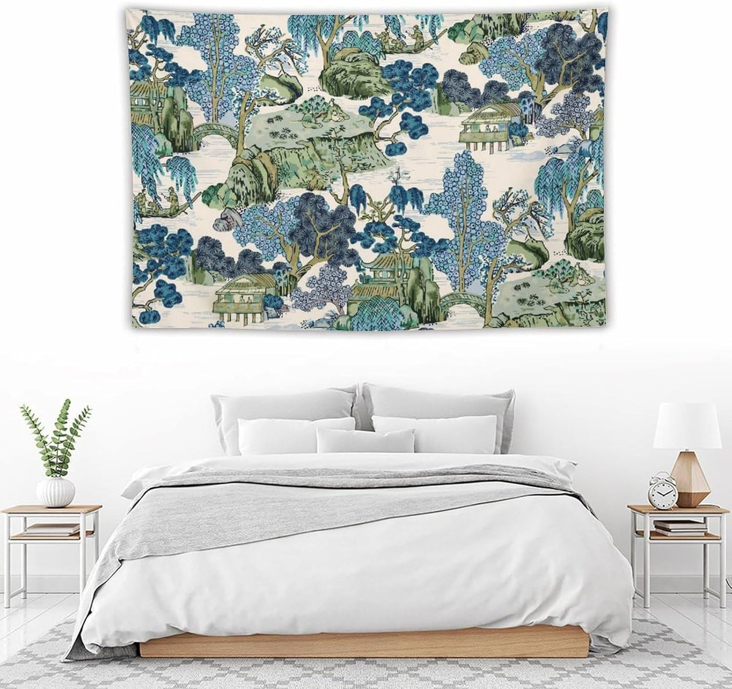 Chinoiserie Tapestry, Asian Watercolor Abstract Art, Japanese Wall Tapestry, Nature Landscape Tapestries for Bedroom, Living Room Decor 90"x60"