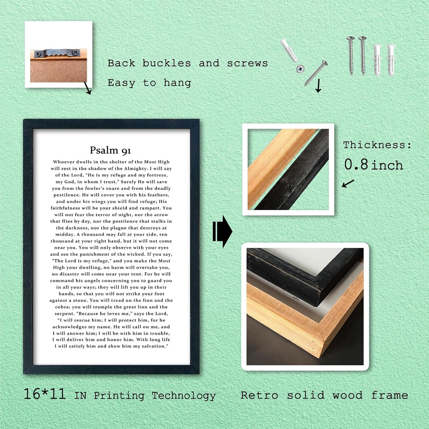 LuZhiQiang Psalm 91 Scripture Wall Art 16"×11" Bible Verse Christian Inspirational Sign Wood Framed Wall Hanging Decor (Black)