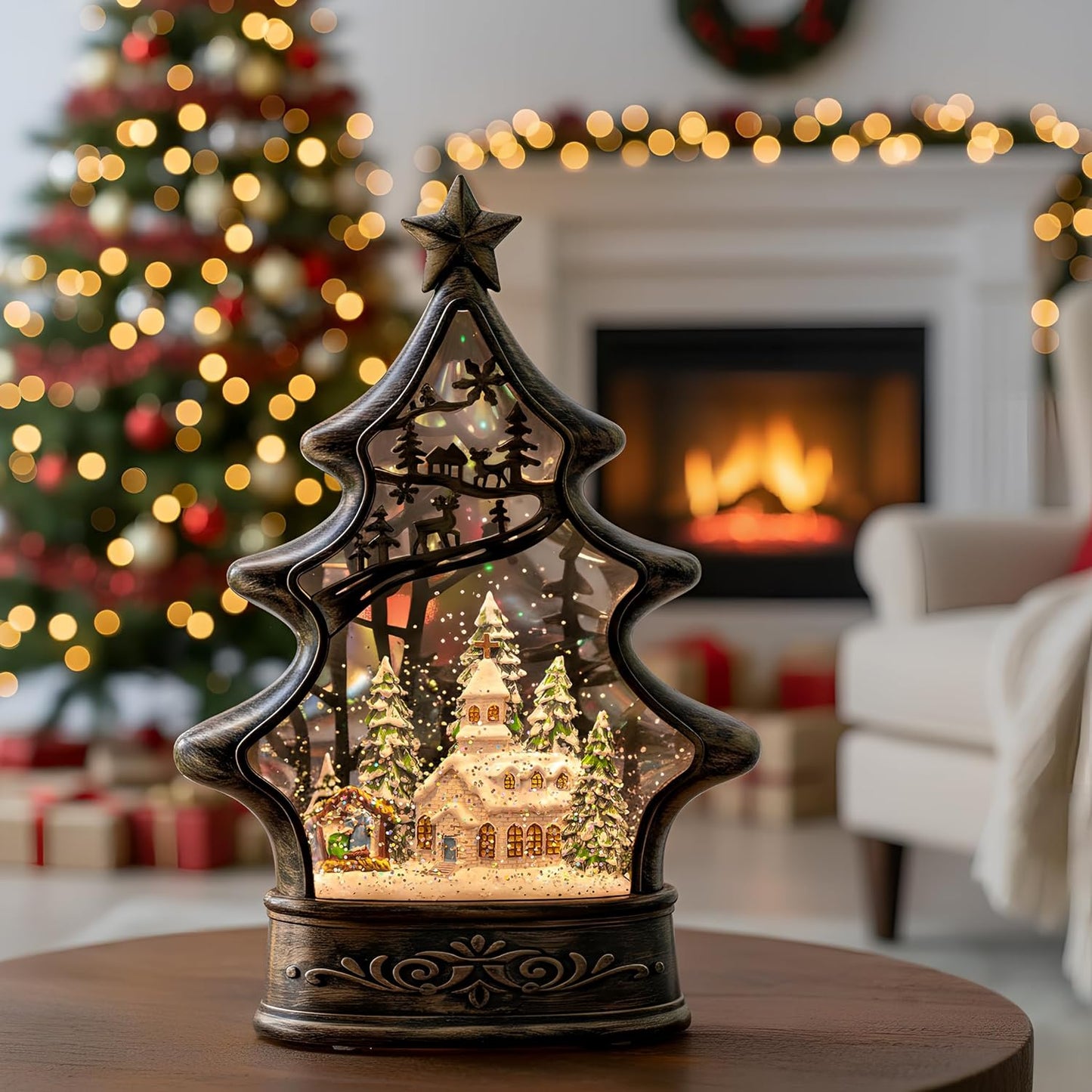 Christmas Snow Globe Lantern Water Glittering Church & Manger Scene with Music & Timer, USB Lined/Battery Operated Lighted Lantern for Christmas Festival Decoration Gifts