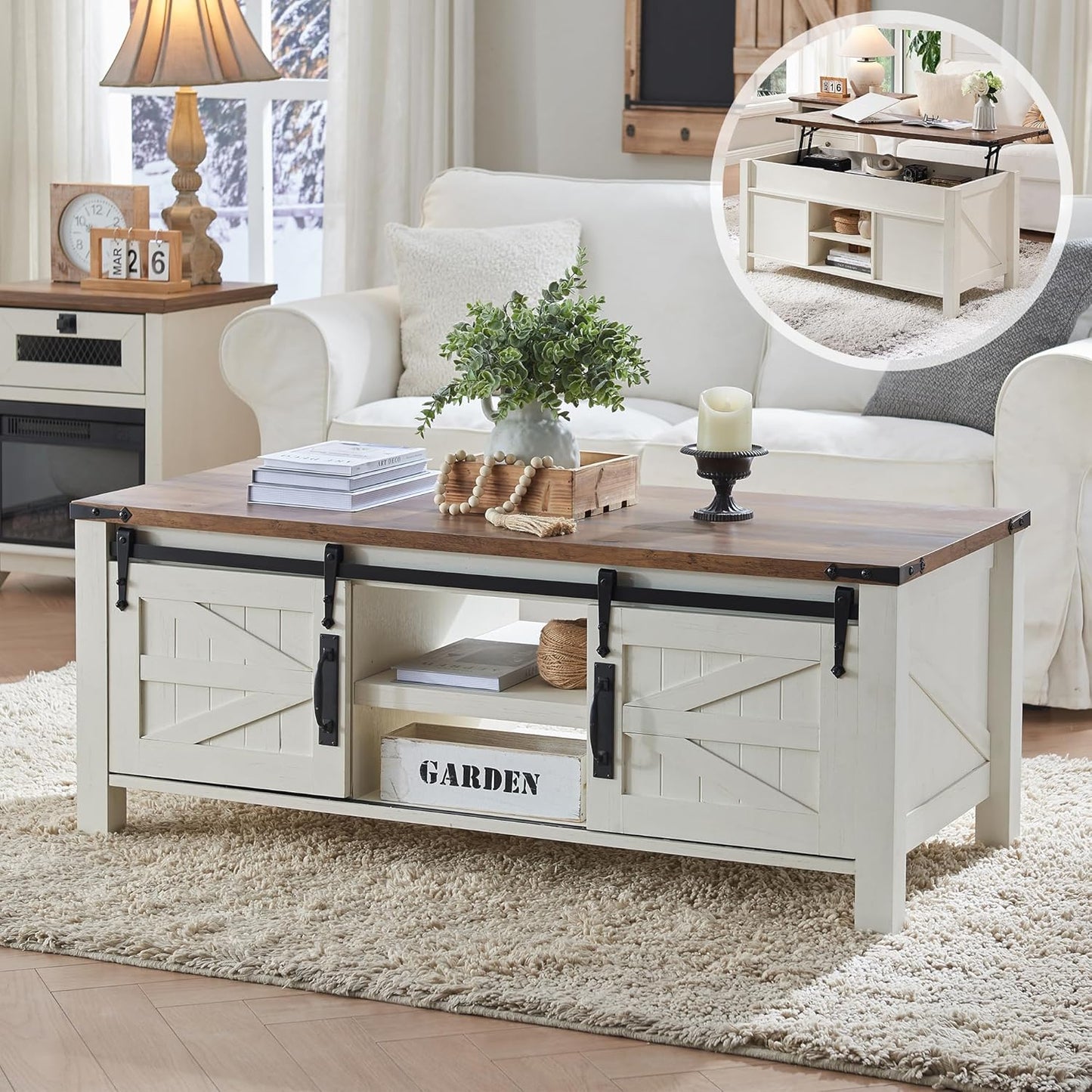 OKD 48" Farmhouse Lift Top Coffee Table with Sliding Barn Door,Rustic Center Table with Hidden Storage Compartment,Lifting Tabletop and Adjustable Shelf for Living Room,Office,Antique White