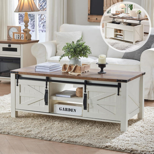 OKD 48" Farmhouse Lift Top Coffee Table with Sliding Barn Door,Rustic Center Table with Hidden Storage Compartment,Lifting Tabletop and Adjustable Shelf for Living Room,Office,Antique White