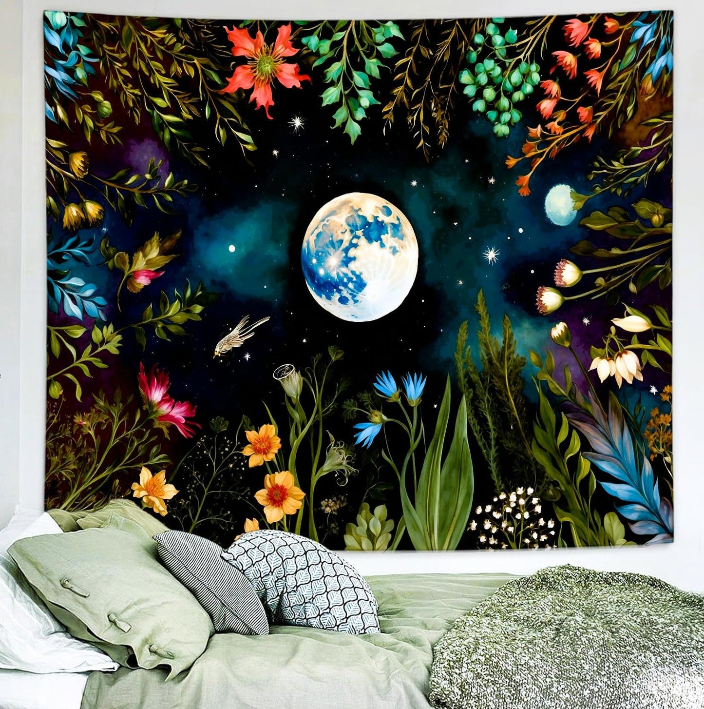 Delur Moonlit Garden Tapestry Boho Moon Floral Plant Tapestry Wall Hanging Colorful Flower Botanical Nature Night Landscape Headboard for Bedroom Living Room Home Decor (70.8" x 92.5")