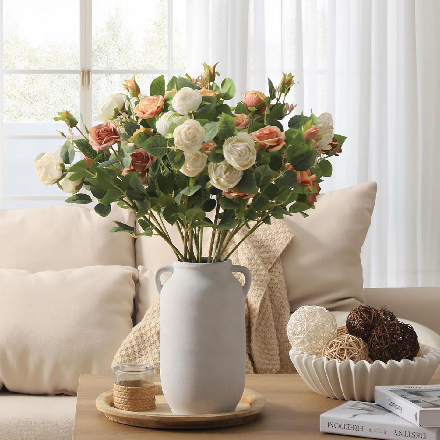 Large Flower Vase Home Decor - 12 inch Tall Ceramic Farmhouse White Rustic Table Vases with Handle Living Room Decoration Decorative Modern for Fireplace Kitchen