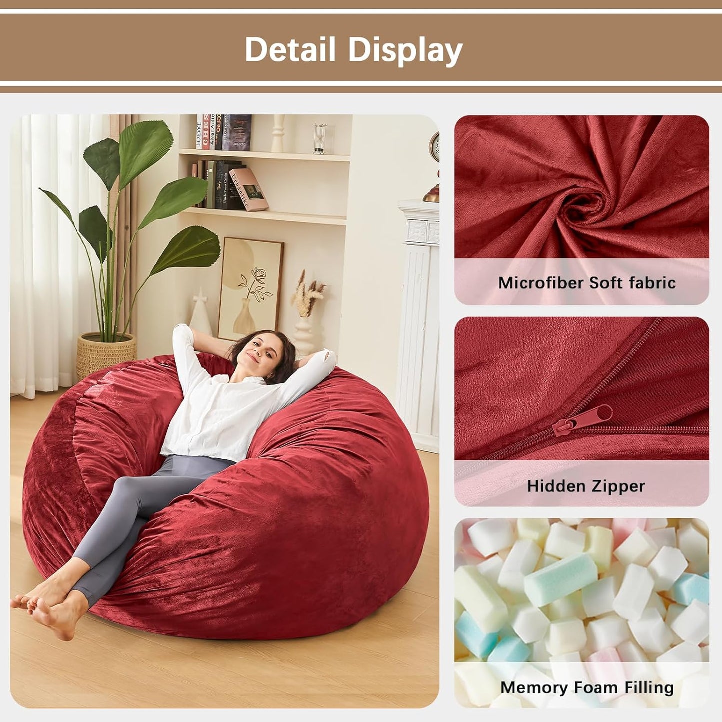 Bean Bag Chairs for Adults - Memory Foam Furniture BeanBag Chair - Kids/Teens Sofa with Soft Micro Fiber Cover - Round Fluffy Couch for Living Room Bedroom College Dorm - 4 ft, Red