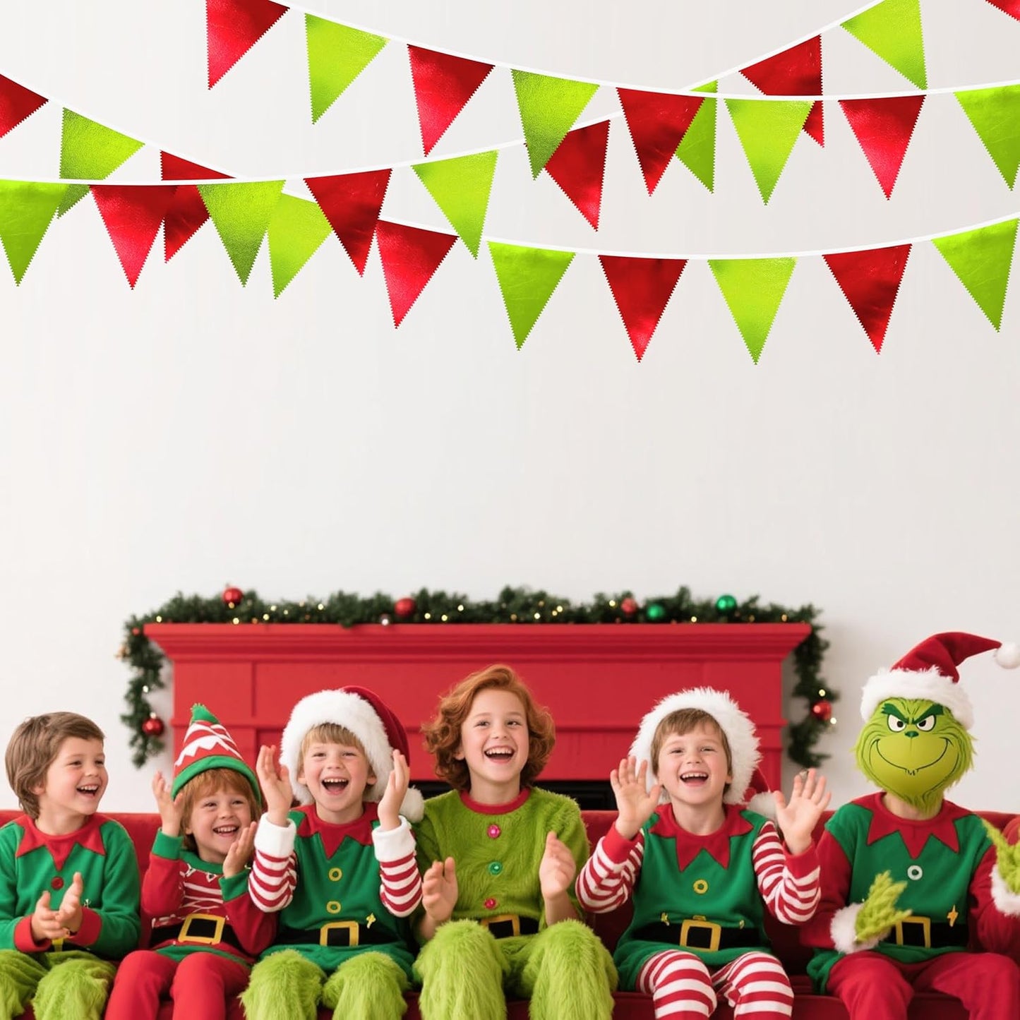 Red and Green Metallic Fabric Triangle Pennant Banner Flag Bunting Garland for Merry Grinchmas Birthday Baby Shower Bachelorette Xmas Holiday Christmas Holiday New Year Party Decorations Supplies