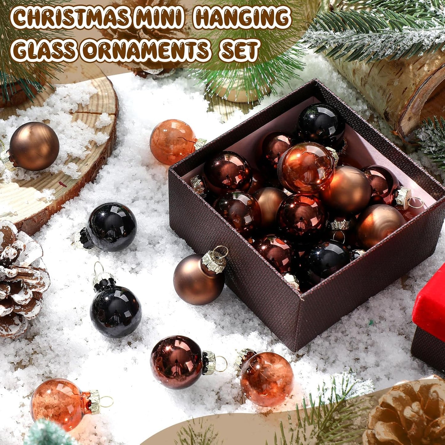 Tioncy 32 Pcs 1 Inch Mini Glass Christmas Ornaments Balls Shiny Christmas Balls Tiny Tree Hanging Decoration Small Colorful Ball Pendant for Xmas Party Supplies(Multi Brown, Black)