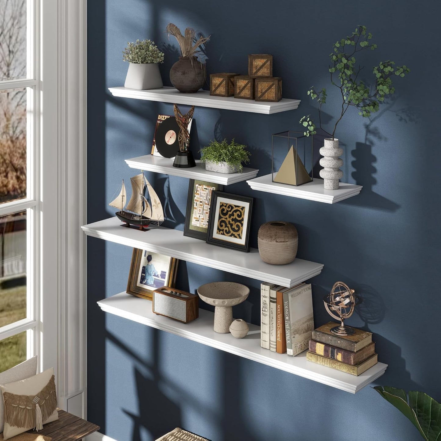 Floating Shelves for Wall, 24 Inch Long Wall Mounted White Hanging Shelf for Kitchen, Living Room, Office, Bedroom, Bathroom, Retro Vintage Wood Bookshelf for House Decor