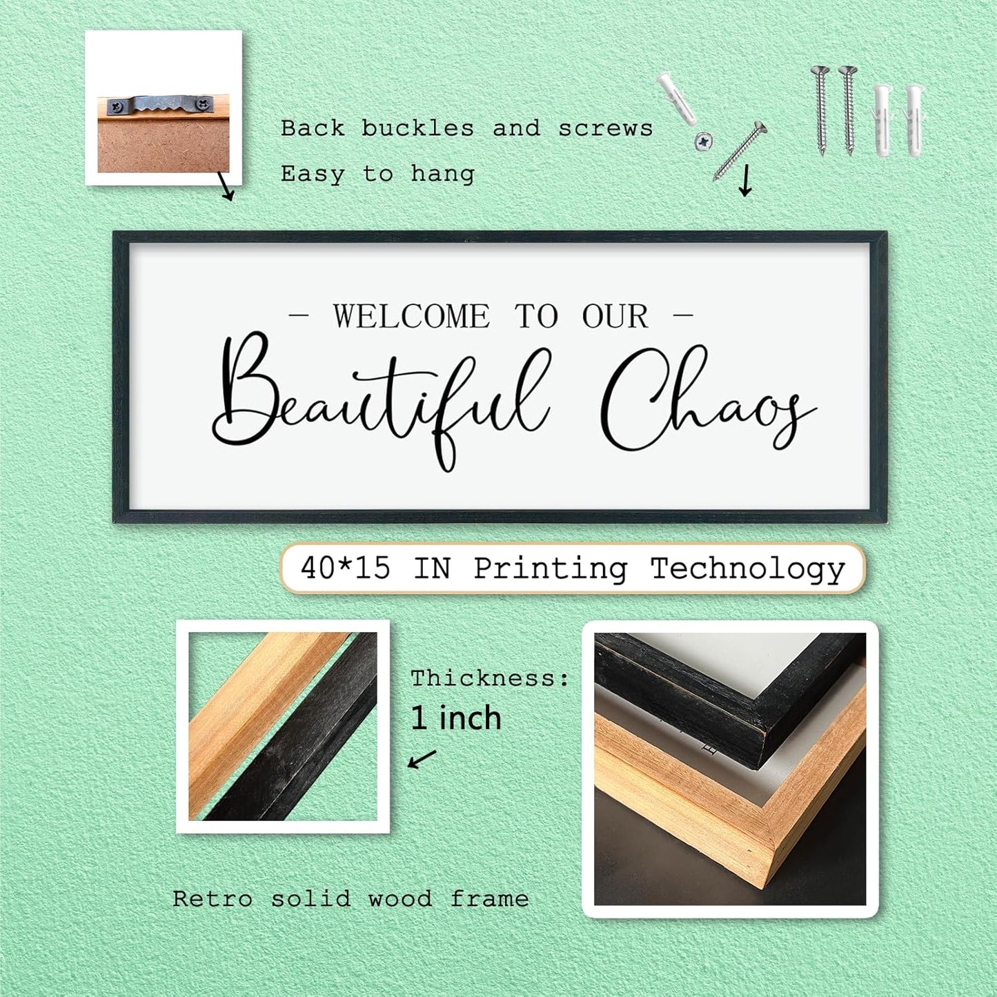 LuZhiQiang Welcome To Our Beautiful Chaos Sign Wall Decor 40"×15" for Home Living Room Entryway Bedroom Large Wood Framed Wall Hanging Art (Black)