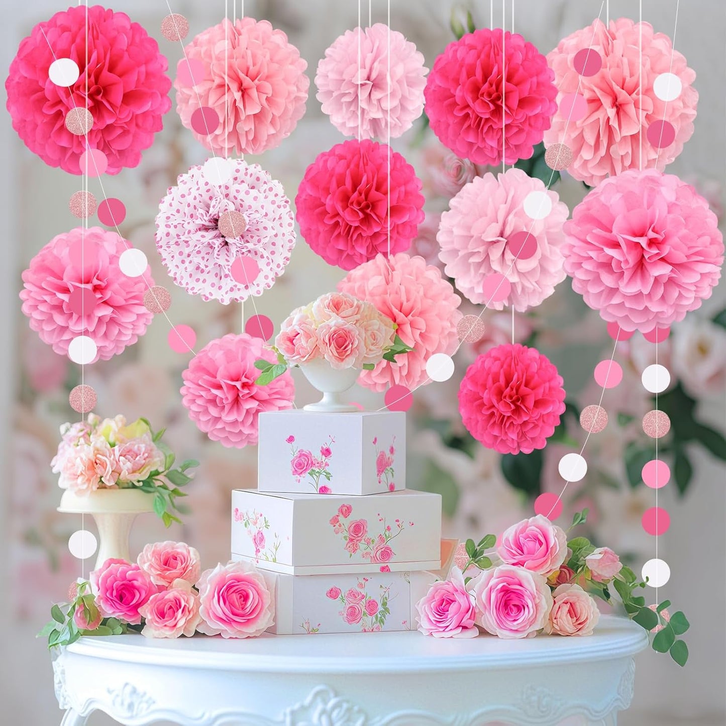 Pink Party Decorations,16 PCS Tissue Paper Pom Poms Dots Paper Garland Hanging Decoration for Pink Theme Birthday Decorations Bridal Shower Wedding Engagement Gender Reveal Celebration