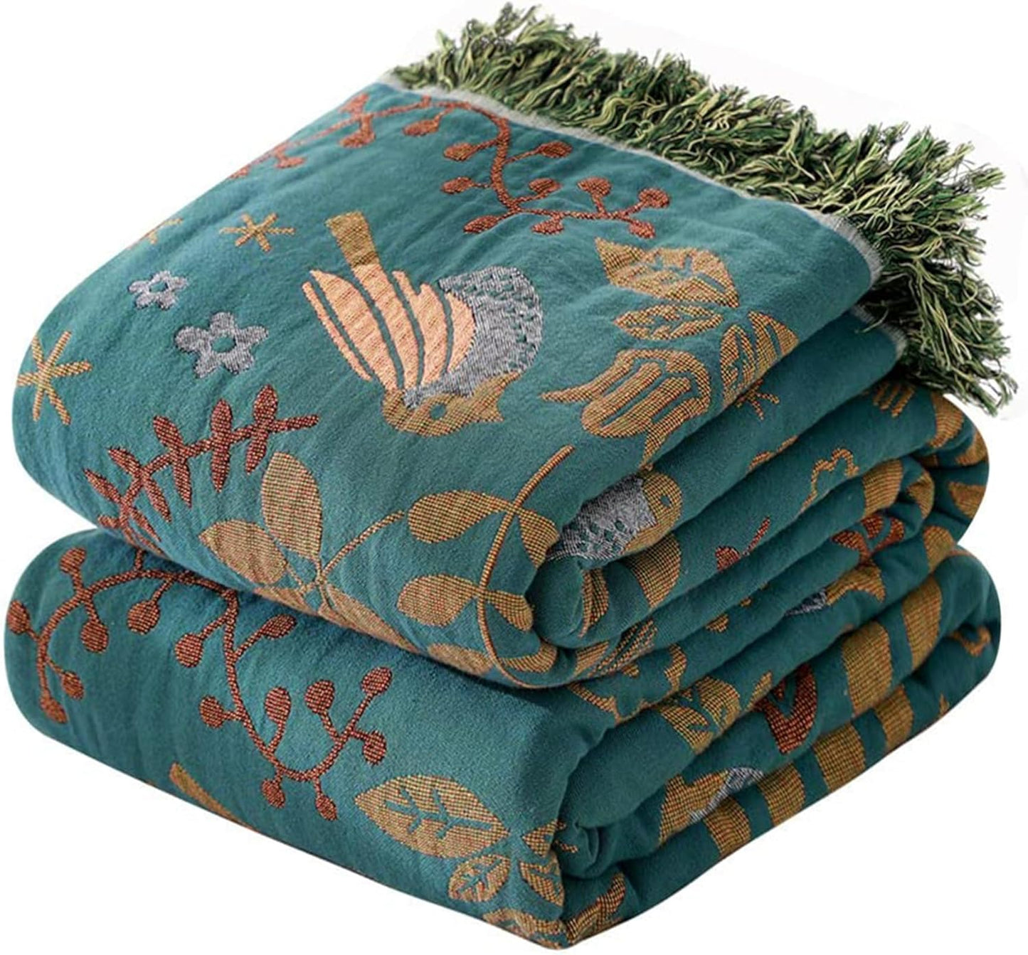 Boho Throw Blanket for Couch Sofa Bed, 100% Cotton Woven Quilt with Tassel 90”x98”, Super Soft Muslin Blanket with Bird Printed, Decorative Reversible Bed Blanket/Cover for All Seasons