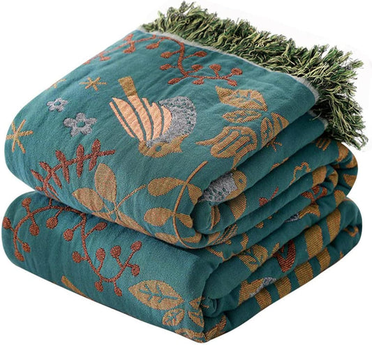 Boho Throw Blanket for Couch Sofa Bed, 100% Cotton Woven Quilt with Tassel 80”x90”, Super Soft Muslin Blanket with Bird Printed, Decorative Reversible Bed Blanket/Cover for All Seasons