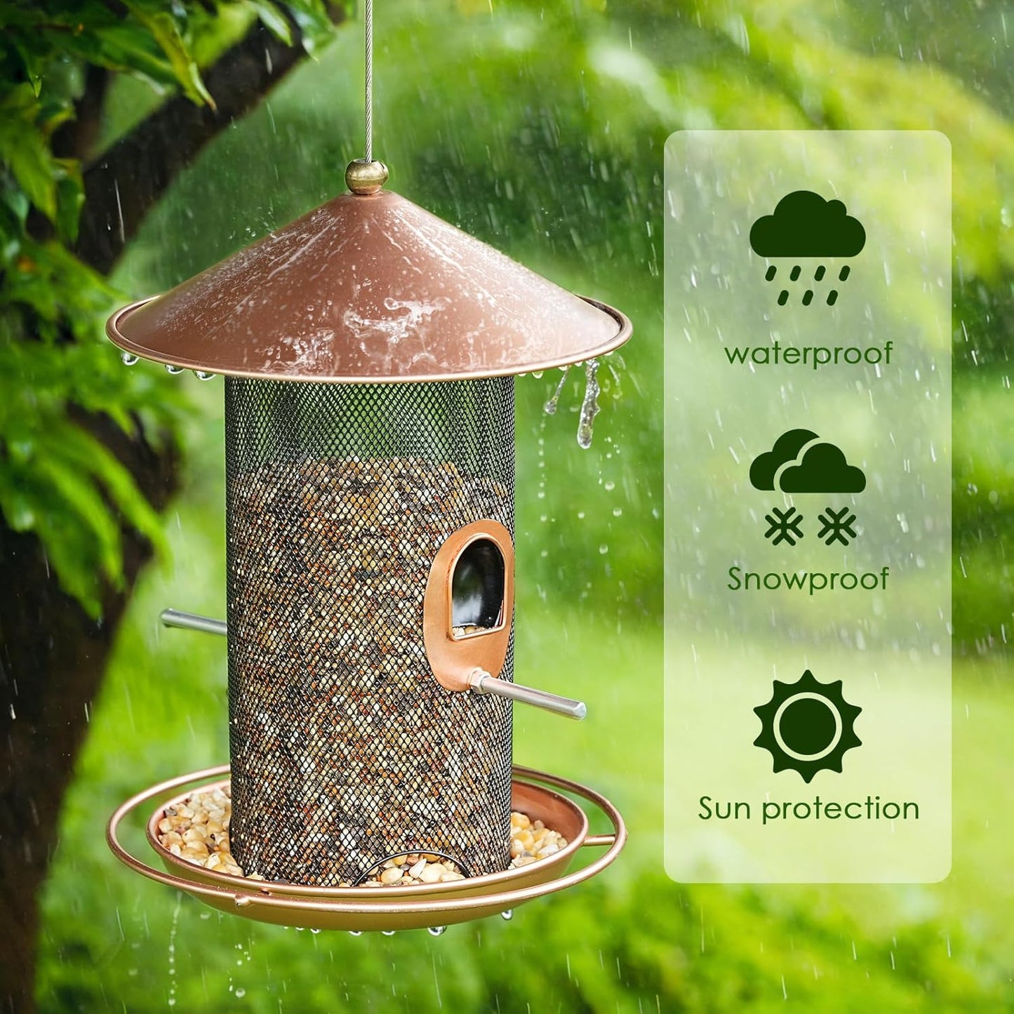 Bird Feeder for Outdoor, Metal Wild Bird Feeder Hanging Outside, 7.5" Copper Roof and 360 Degree Feeding Tray with 2 Extra Feeding Ports, 3 Lbs Bird Seeds Capacity