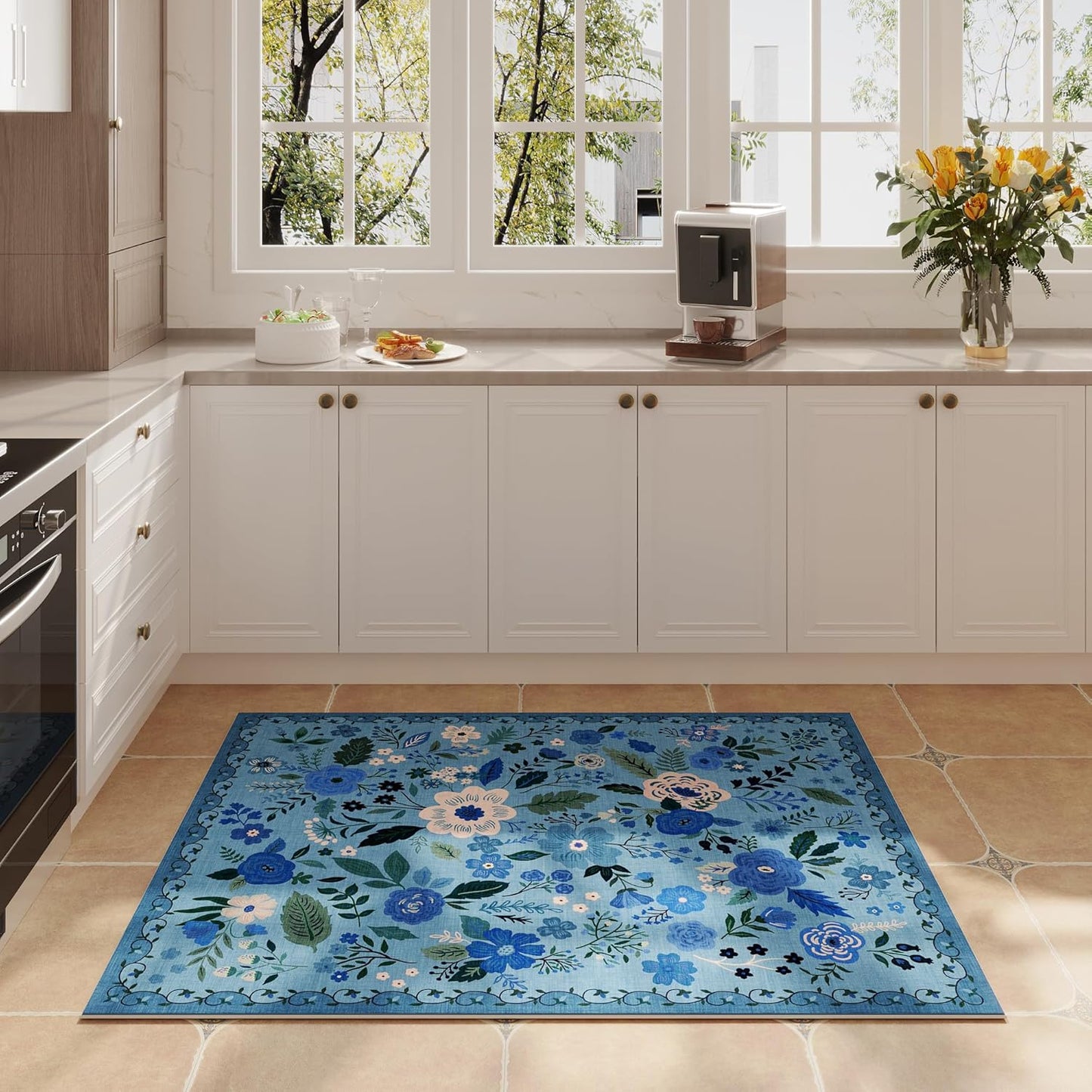 Door Mat Indoor Entrance 2x3 Rug Machine Washable Boho Floral Small Area Rug Non-Slip Low Pile Throw Rugs for Entryway, Kitchen, Front Door Indoor Entrance, Entry, Kids Room (Blue)