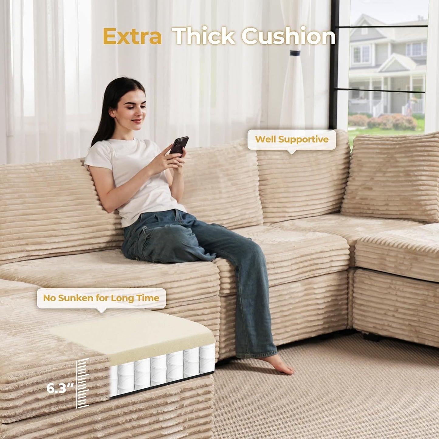 HOOOWOOO Modular Sectional Sofa,5 Pieces Sectional Couches for Living Room,98X66 L Shaped Cloud Couch with Ottoman Chaise Set(Beige Velvet Corduroy)