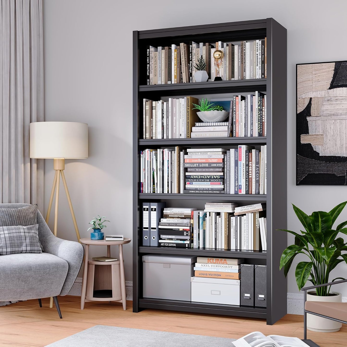 Bookshelf, 5 Shelf Bookcases, Tall Bookcase for Heavy Books, CDs, Movies, Garage Kit, Modern Display Shelf for Library Home Office Bderoom Living Room, Metal Bookshelves Industrial Black