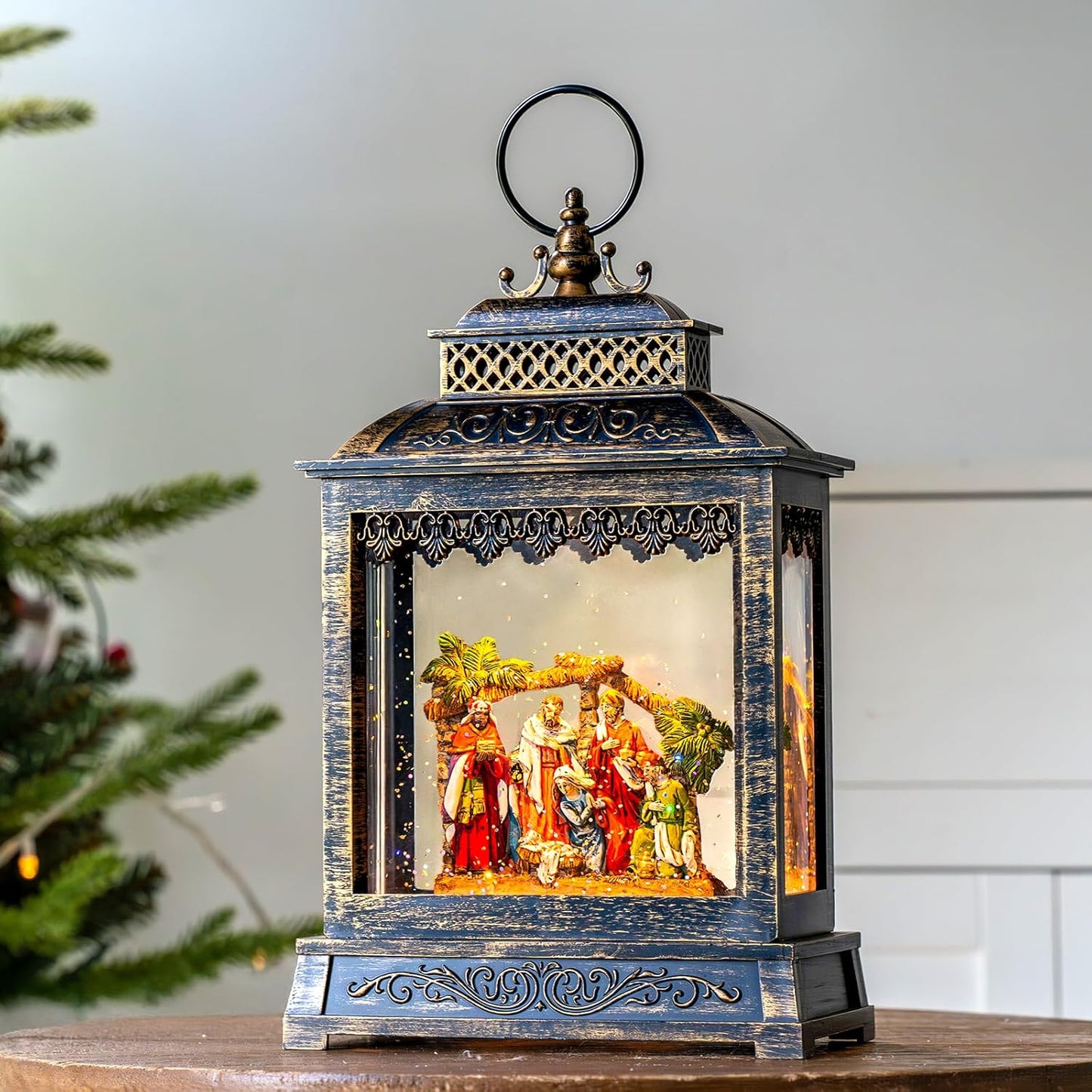 Christmas Snow Globes Lantern Christmas Snow Globe with Music Nativity Scene,6H Timer,USB Lined/Battery Operated Lighted Lantern for Christmas Festival Decoration Gifts