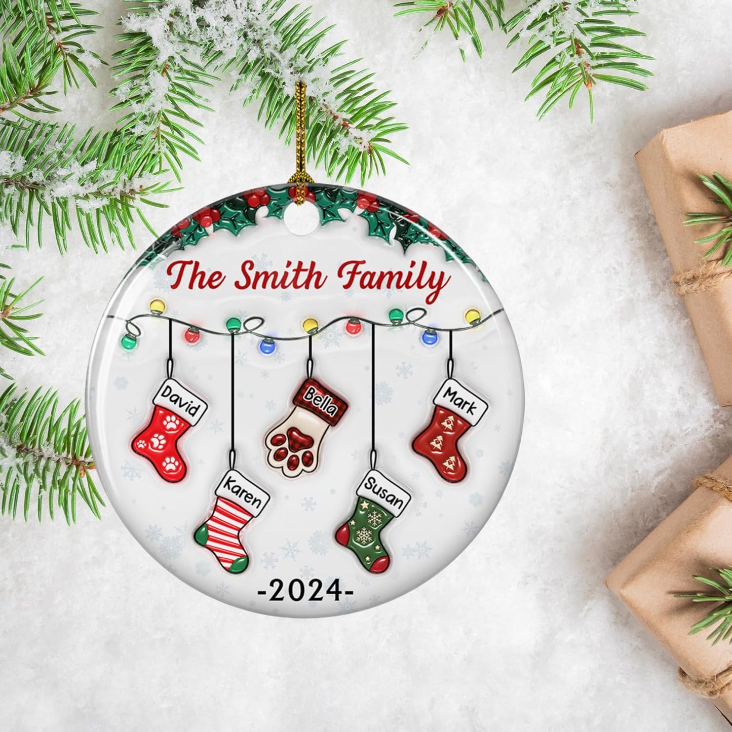 Stocking Personalized Family Christmas Ceramic Ornament 2025-3D Inflated Effect Custom Name Hanging Stock up to 10 Members, First Xmas as A Family Ornament Gifts (A04, 9 Names)