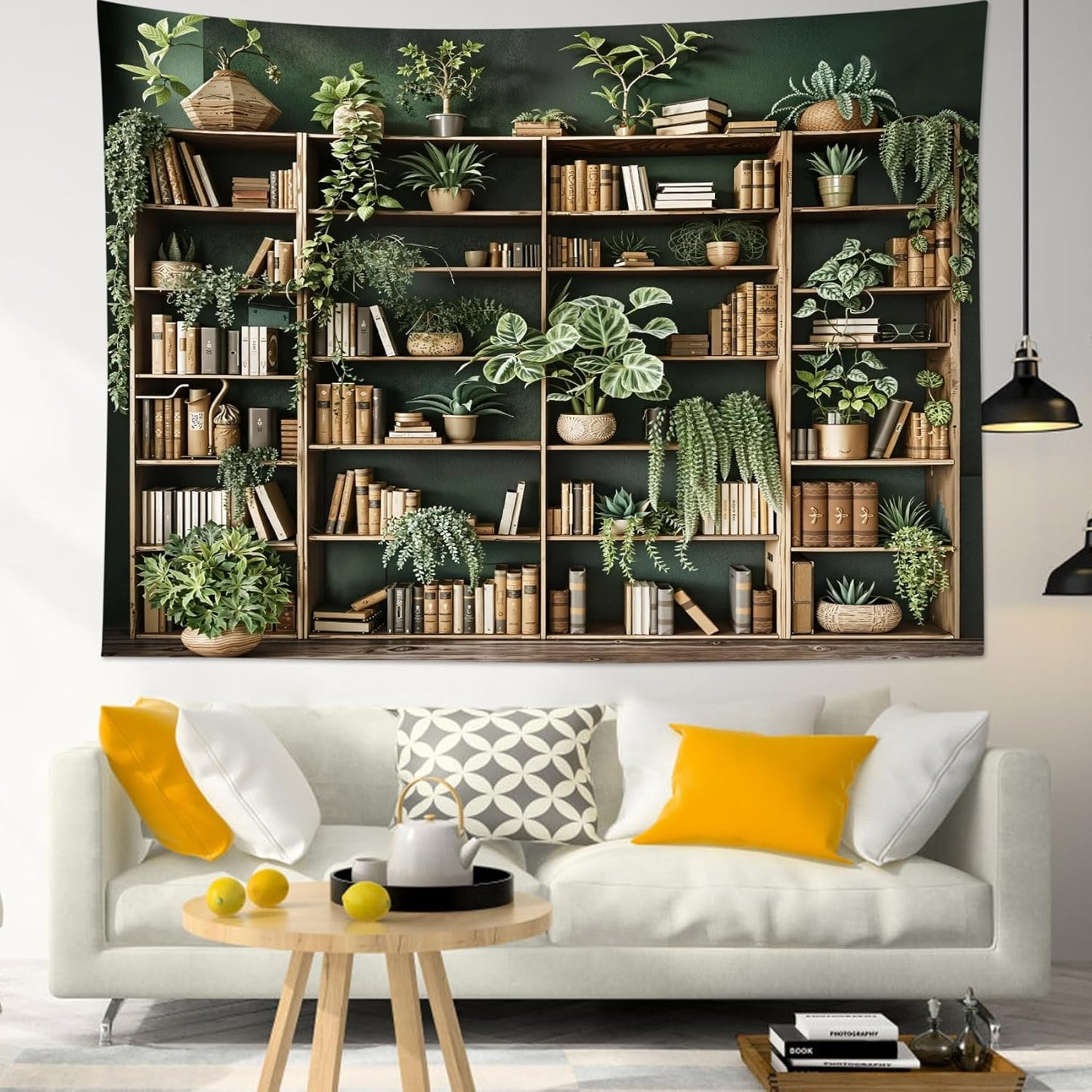 HVEST Green Plant Bookshelf Tapestry Book on Bookshelf and Plant Potted Tapestry Wall Hanging Reading Wall Decor for Study Room Bedroom Living Room College Dorm, 70.9L x 92.5W Inches