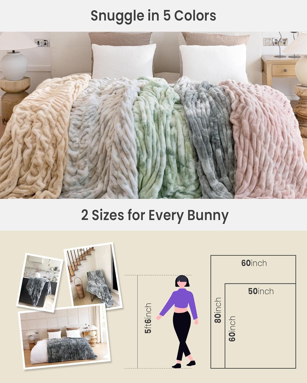 Faux Fur Blanket, Throw Blanket for Couch, Fluffy Blanket with Stretch Ruched Design, Ultra Soft Giftable Home Decor, 50x60 inches, Tie-Dyed in White and Gray