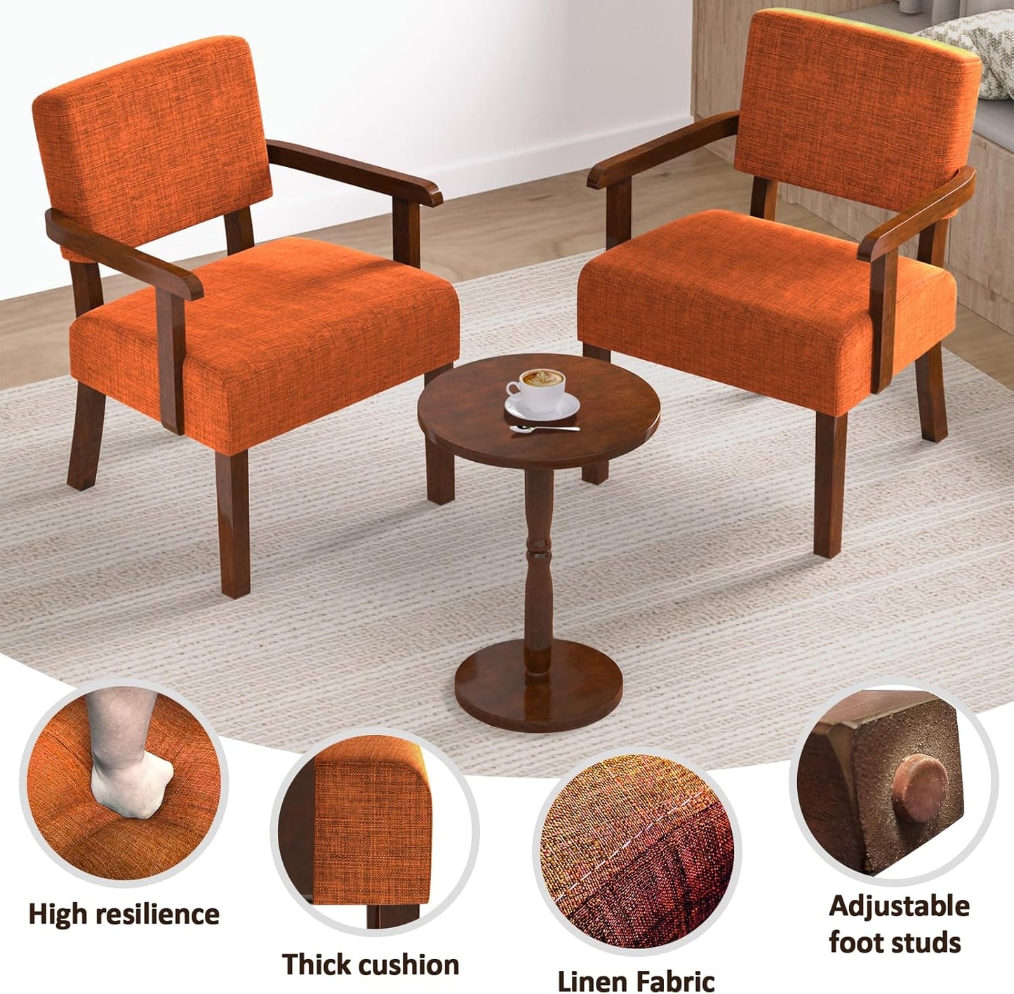 Accent Chair Set of 2 with Table, Living Room Chairs with Soft Seat and Armrests for Living Room Bedroom Reading Room Waiting Room (Orange), Linen, AC01