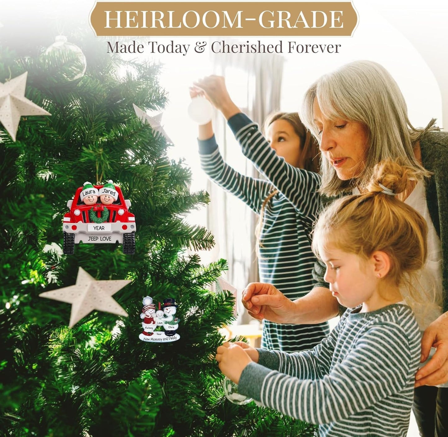 Personalized Family of 3 Ornament 2025 | Free 24h Customization | Christmas Ornaments for Tree | Custom Gift Wrapped Green Glitter Keepsake for Three Persons