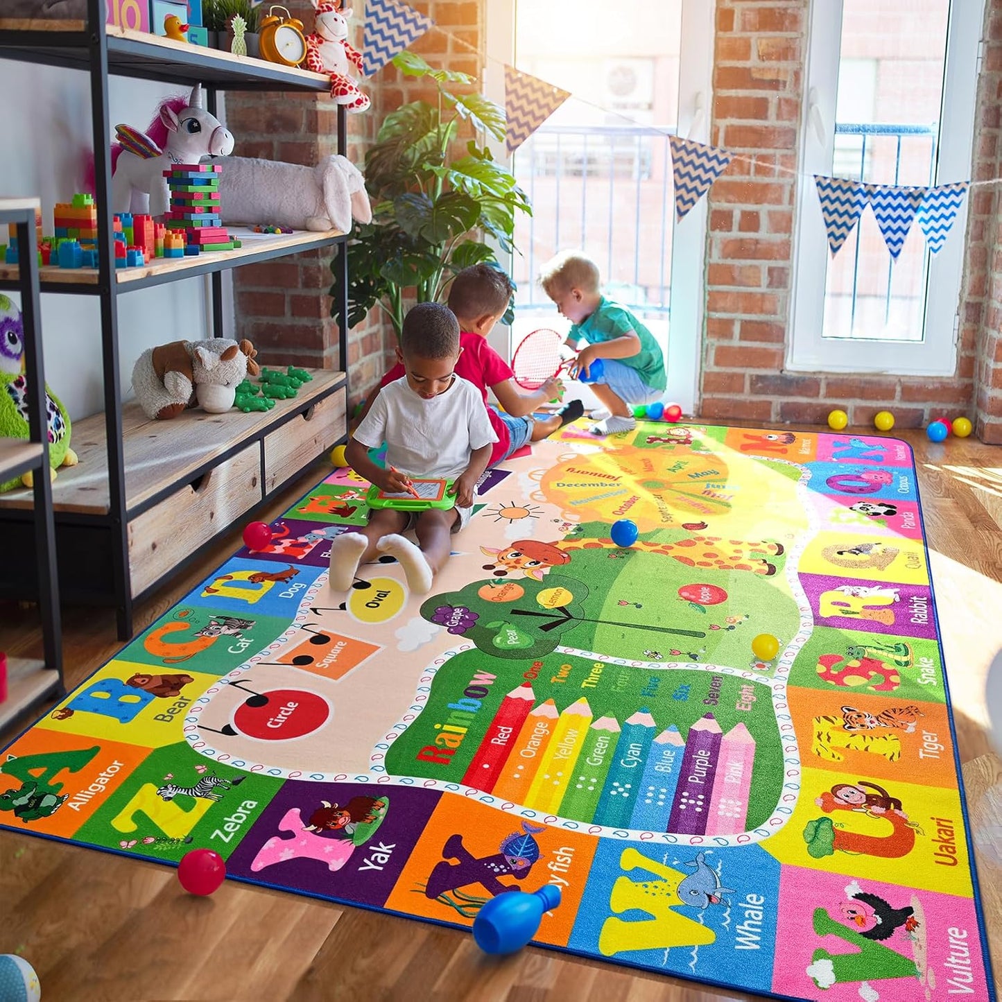 Kids Rugs for Playroom Classroom Bedroom, Educational and Fun Play Mat with ABC Alphabet Animals, Learning Rug for Children Toddler Baby Girls Boys Nursery, Washable, 4x6