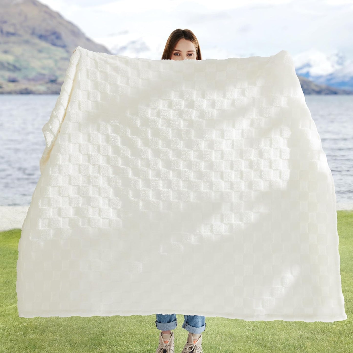 Bedsure GentleSoft White Throw Blanket for Couch - Checkered Fleece Blankets Gifts for Women Men Girls, Cute Soft Cozy Throw for Bedroom Home Decor Gifts, 50x60 Inches