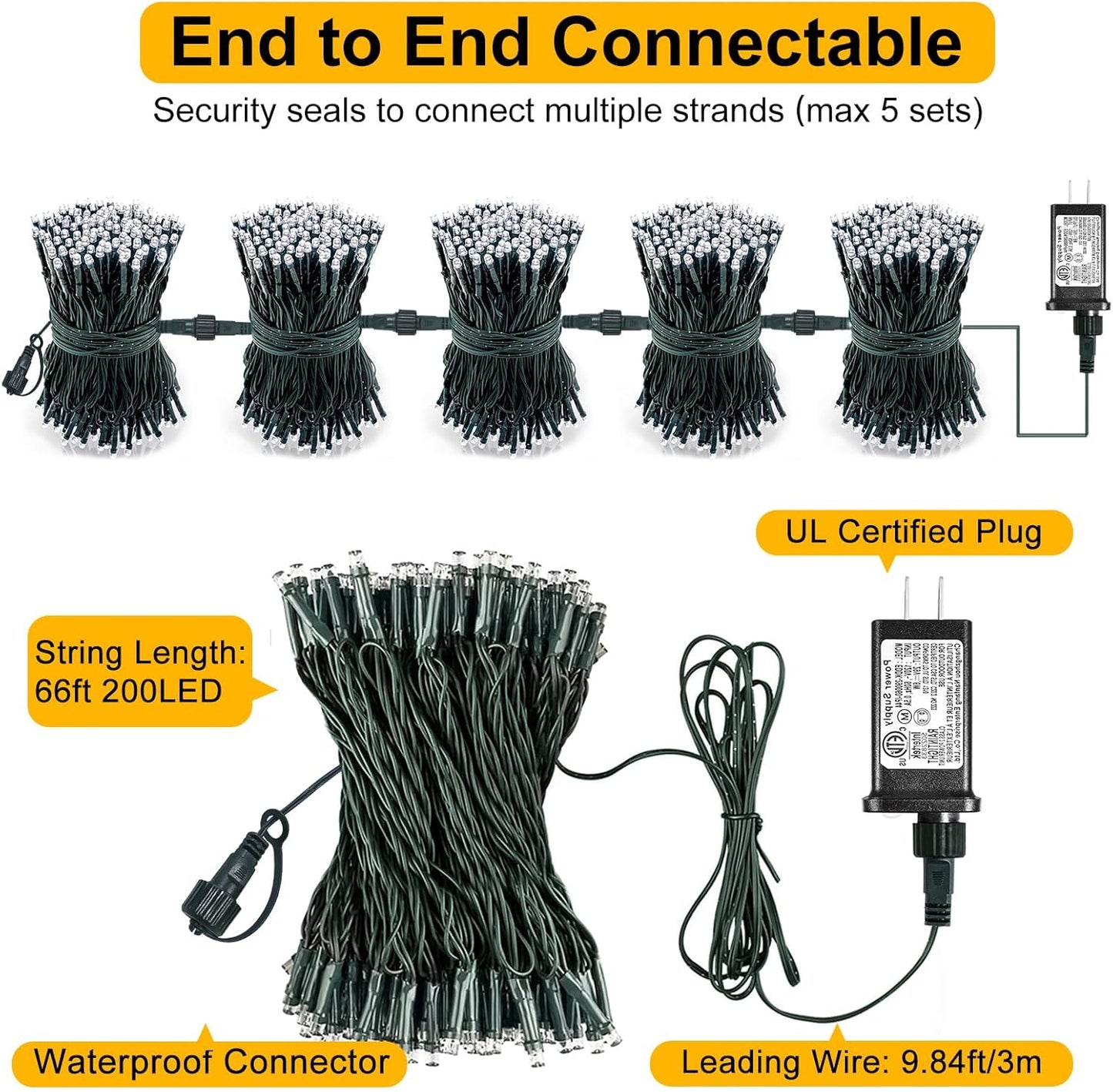 Christmas Lights Outdoor, 66FT 200 LED White Christmas Tree Lights with 8 Modes Waterproof, Plug in Green Wire Connectable String Light for Indoor House Patio Wedding Party Decorations