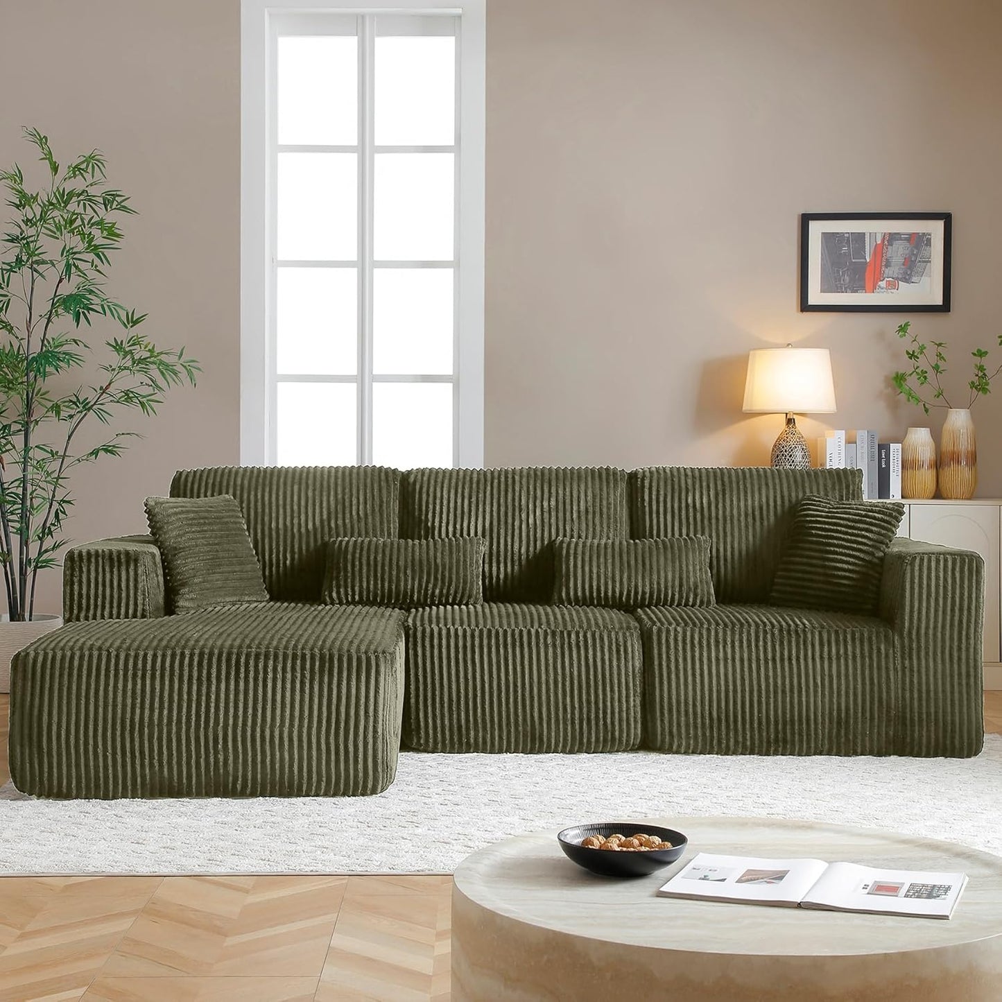 Modular Sectional Sofa Cloud Sectional Couch, 135" Comfy Fluffy L Shaped Olive Green Couches for Living Room, Deep Seat Memory Foam Plush Corduroy Boneless Couch Sectionals Left Facing Chaise Sofa
