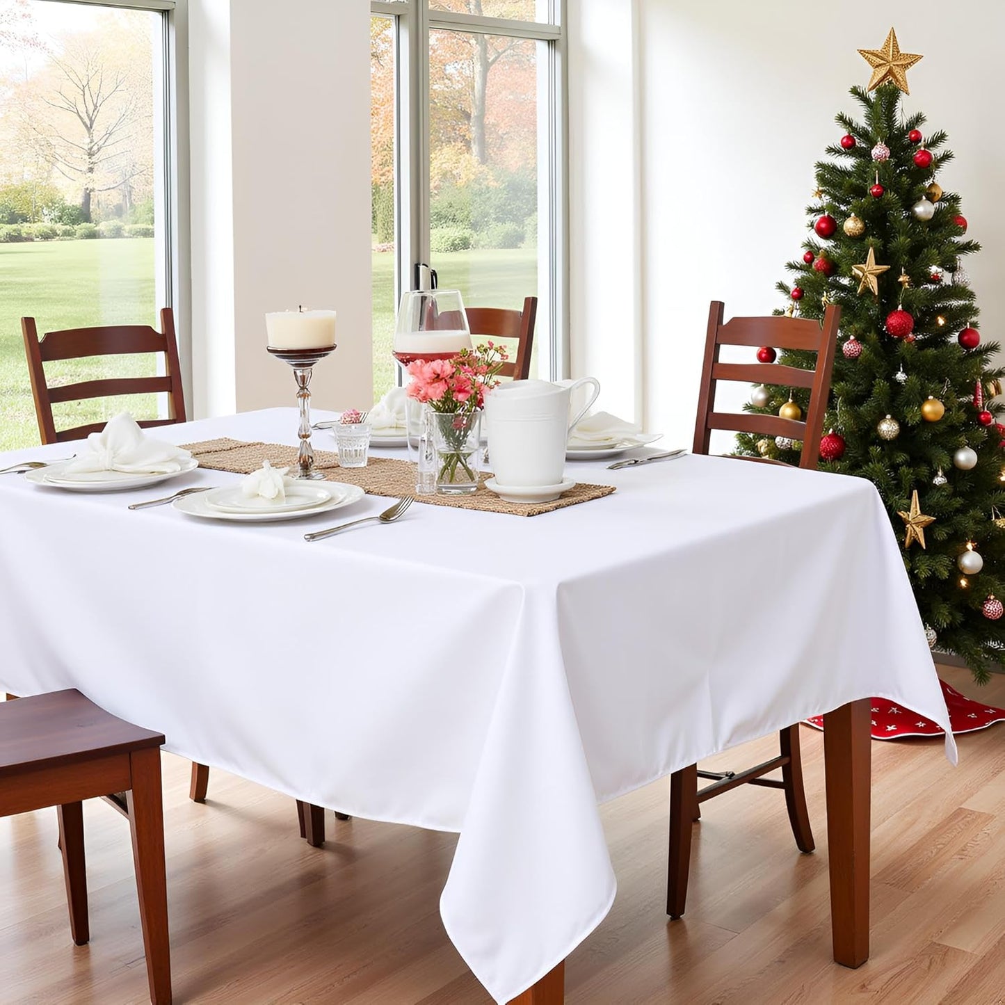 sancua Rectangle Tablecloth - 60 x 102 Inch - Stain and Wrinkle Resistant Washable Polyester Table Cloth, Decorative Fabric Table Cover for Dining Tables, Buffet Parties and Camping, White