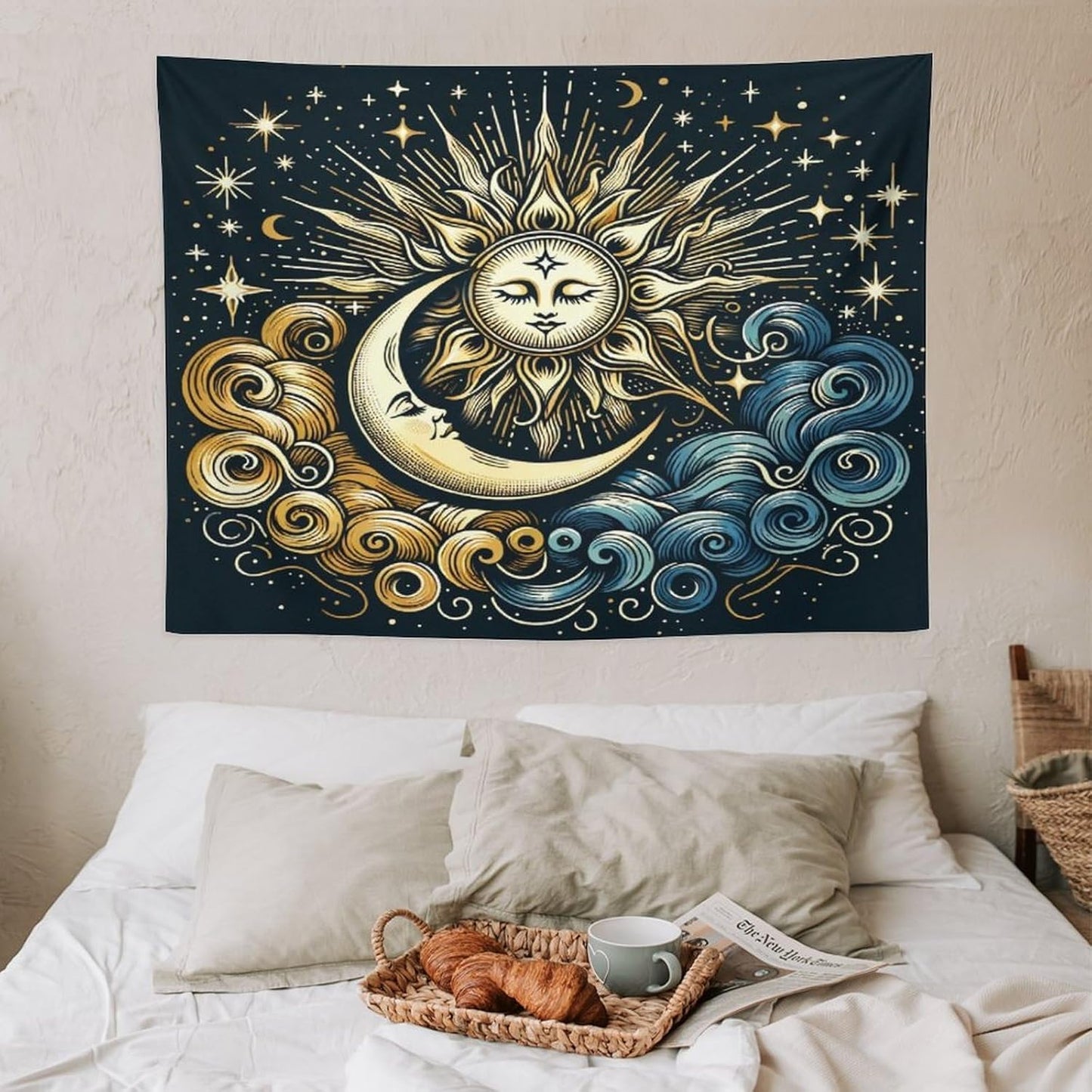 HZOHNAGO Sun Moon Tapestry Boho Golden Stars Pattern Printed Wall Tapestry Wall Hanging for Bedroom Living Room Dorm 40" W x 30" H
