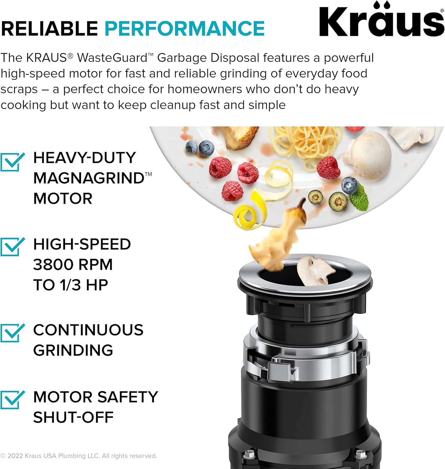 KRAUS WasteGuard 1/3 HP Ultra-Quiet Garbage Disposal with Quick Connect, Kitchen Sink Drain Cover, Power Cord and Flange Included, KWD100-33MBL