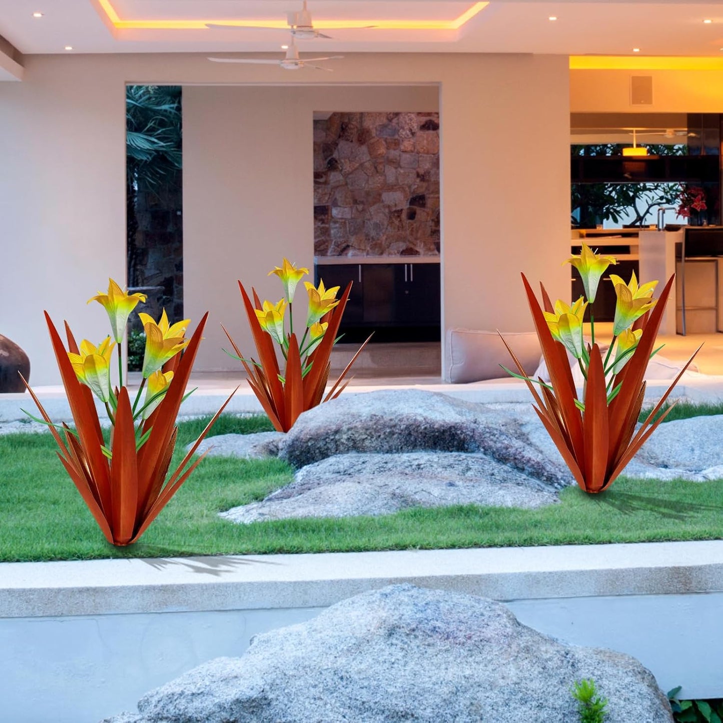 Homight Metal Agave Plant Outdoor Decoration Outdoor Garden Decoration Lily Mexican Yard Art Plant Garden Agave Lily Decorative Garden Gift… (2 Big Yellow Lilies), HM-390-345