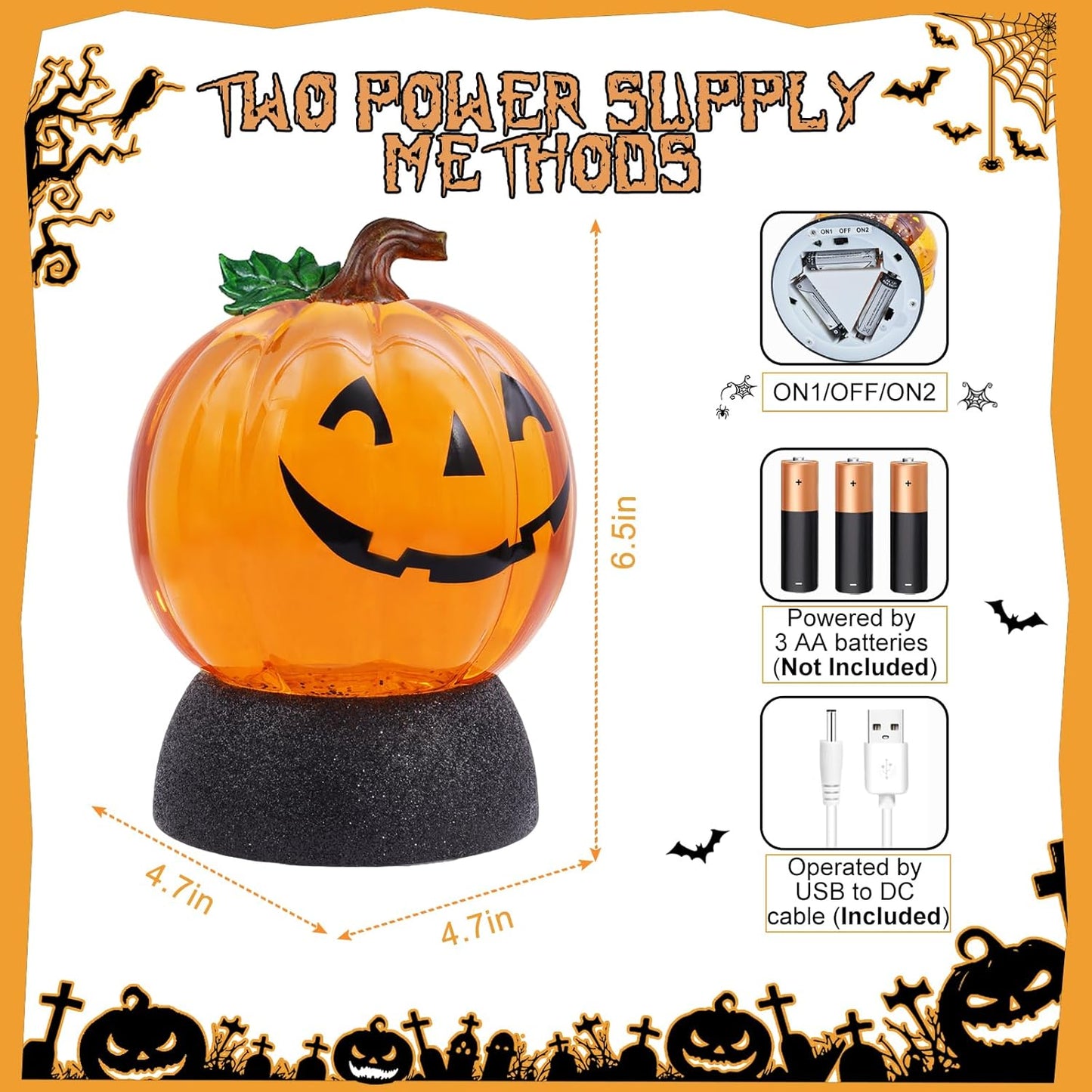 Halloween Snow Globe Lantern Pumpkin Lighted Halloween Snow Globes Battery Operated or USB Powered with 6H Timer Musical Snow Globe Glitter for Spooky Party Home Table Decorations (Pumpkin)