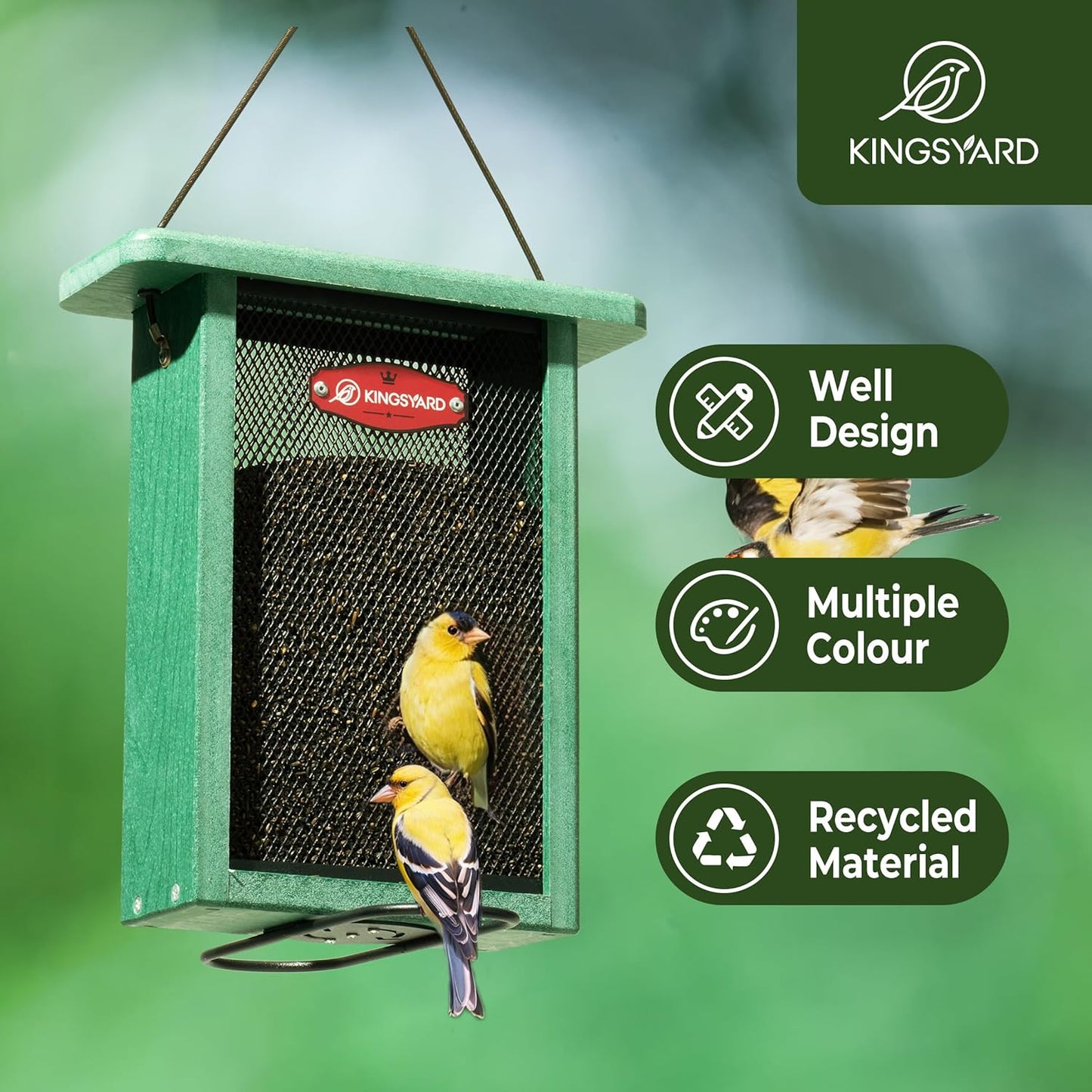 Kingsyard Metal Mesh Bird Feeder for Outdoors Hanging, Finch Feeder for Nyjer/Thistle, Sliding Mesh & Built-in Perch, Recycled Plastic, Green