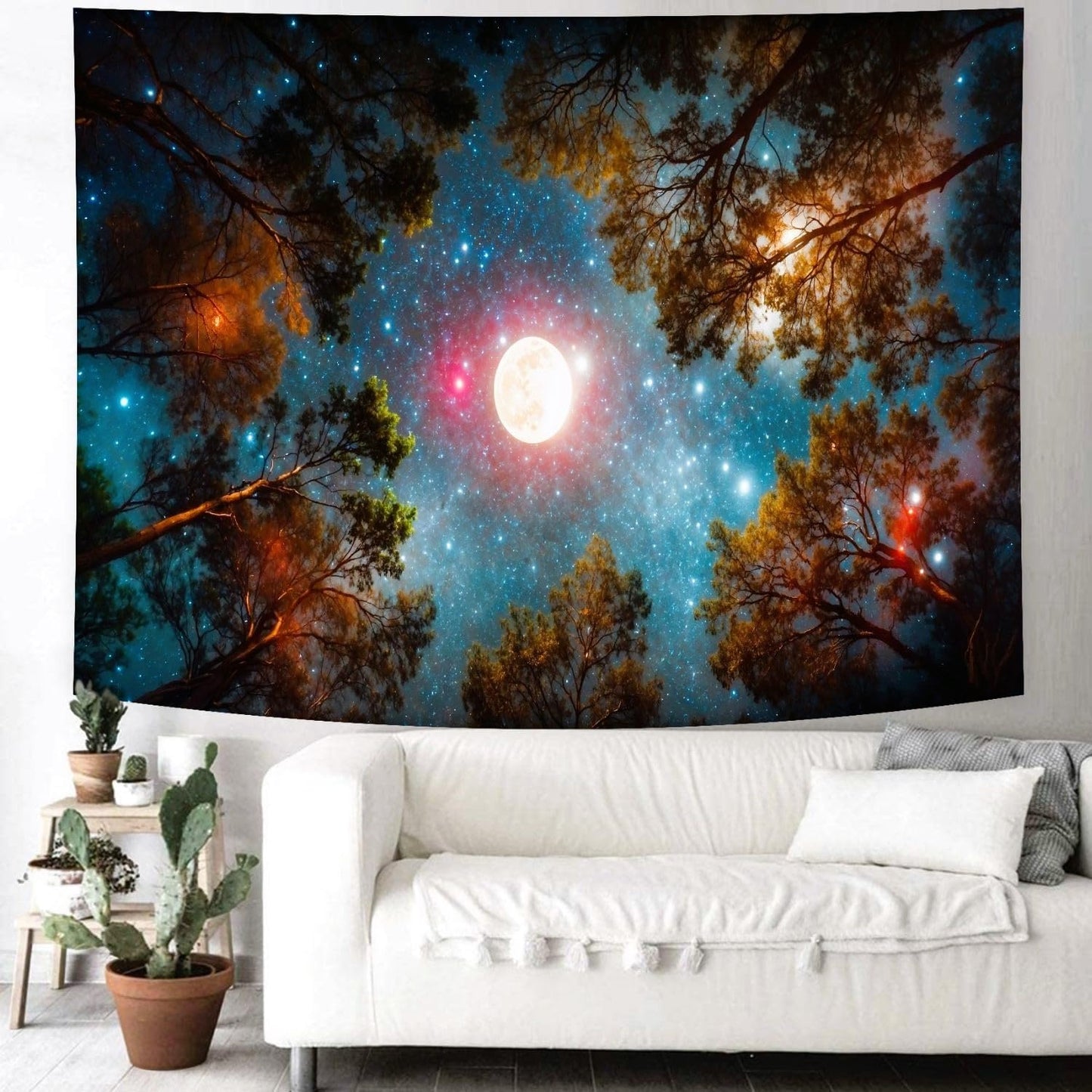 Delur Forest Tapestry Galaxy Moon Stars Night Space Starry Sky Wall Hanging Tapestry Aesthetic Tree Nature Landscape Psychedelic Headboard for Bedroom Living Room Home Decor (70.8" x 92.5")