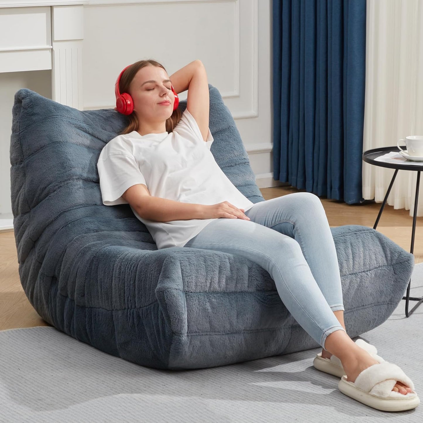 Bean Bag Chairs for Adults Giant Bean Bag Chair Memory Foam BeanBag Chair Big Bean Bag Sofa with Filler Faux Fur Fireside Beanbags Lazy Sofa for Living Room Bedroom Dorm Office (Bluegrey Plush)