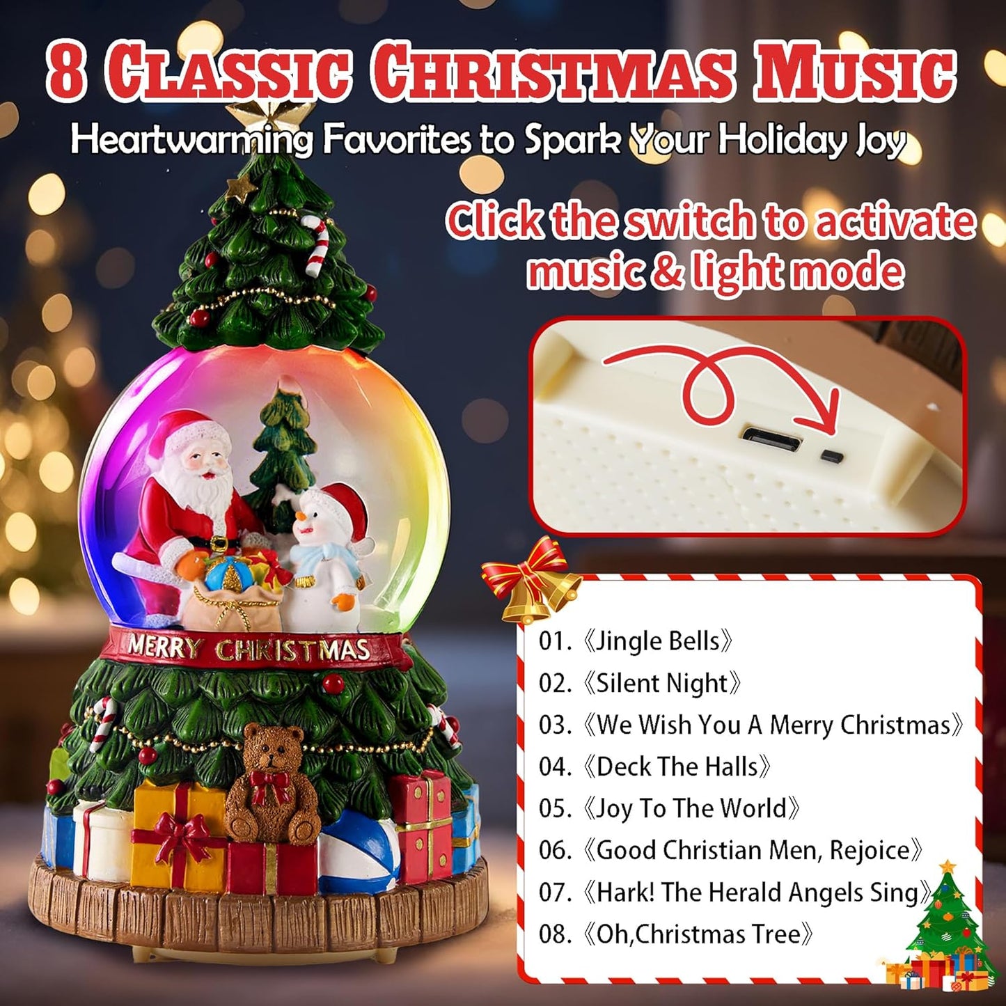 Musical Christmas Snow Globes Lantern with Christmas Tree, Santa Claus and Snowman, Glittering Lights & Snowfall - USB & Battery Powered Holiday Decor Gift for Home, Party, Family