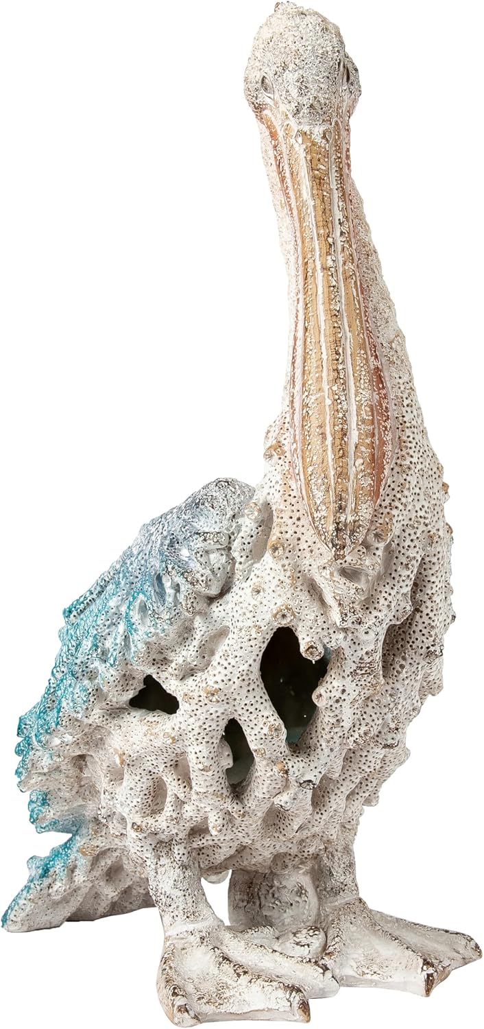 Blue Pelican Standing Figurine 13.75” Coastal Coral Reef Home Decor Nautical Beach Statue for Tabletop Shelf or Mantel Ocean Inspired Room Accents