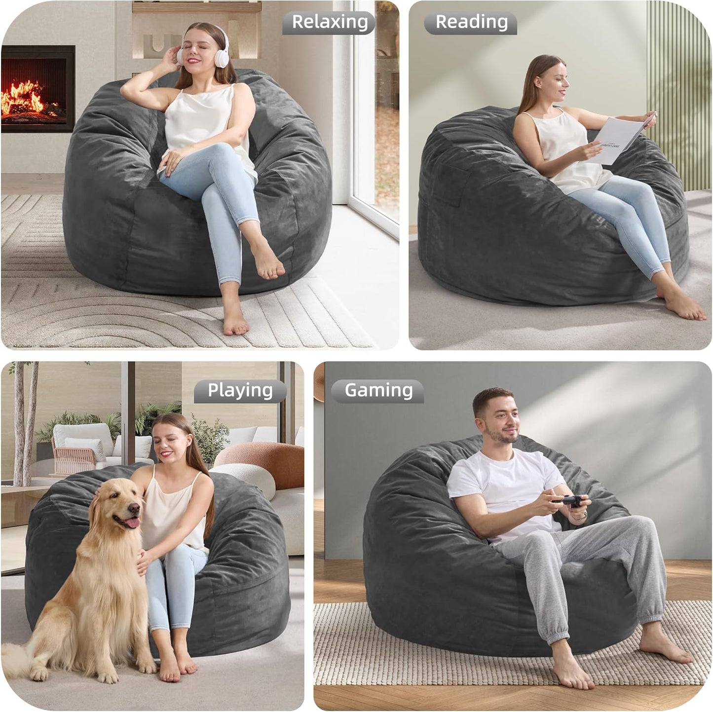 Hobestluk 4FT Bean Bag Chair Giant Bean Bag Chairs for Adults Large Bean Chairs with Removable Cover, Beanbag Chair with Filler, Adult Bean Bag Chairs for Living Room, Bedroom