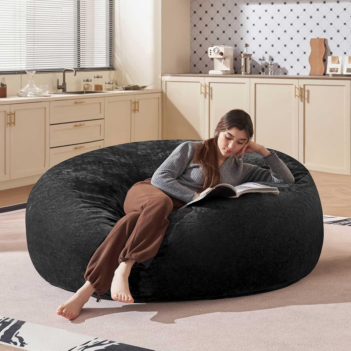 Bean Bag Chair 5Ft, Memory Foam Filled, Large Beanbag Chairs for Adults and Teens, Soft Sofa with Removable Flannel Cover, Round Couch for Living Room Bedroom College Dorm (Black, 5FT-60×60"×24")