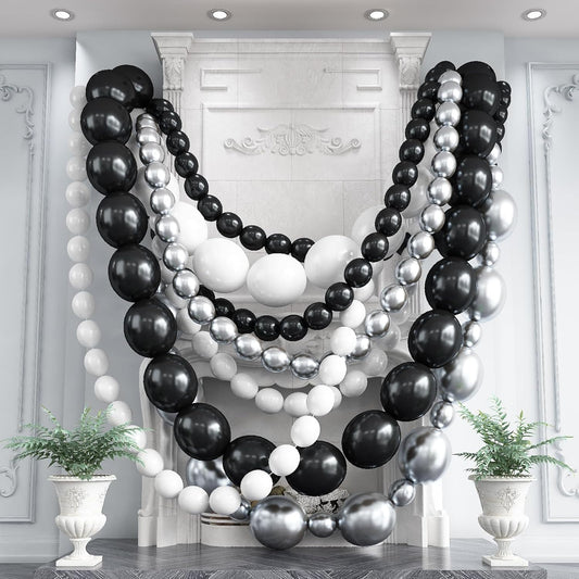 Black White and Gold Linking Balloons, 90PCS Black Gold and White Balloon Arch, Metallic Silver Quick Linked Connecting Balloon for Wedding Birthday Baby Shower Graduation New Year Party Decorations