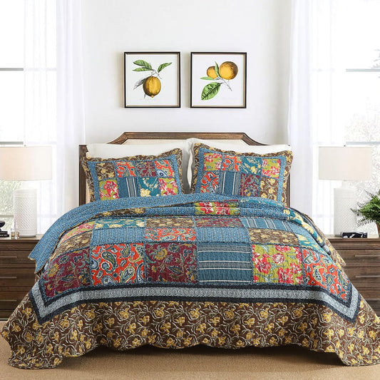 Yvooxny King Quilt Set Reversible Paisley King Size Quilted Bedspread Coverlet Set Country Farmhouse Cottage Quilted Bedding Set with Pillowcases for All Seasons, King Size, 108 * 96 Inches