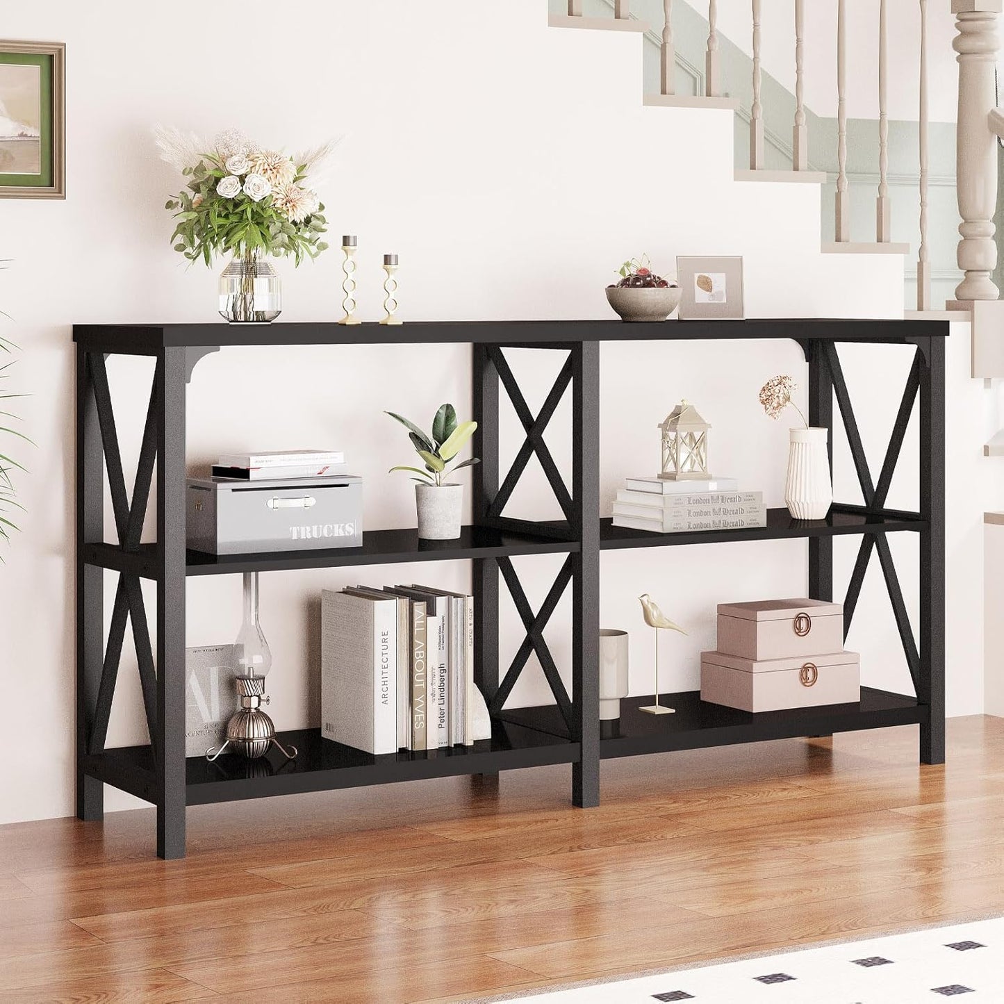 LVB Black Console Table, Modern Entryway Table with 3 Tier Storage Shelves, Industrial Sofa Table Behind Couch for Living Room, Farmhouse Wood Metal Entry Table for Hallway Foyer, Black Oak, 55 Inch