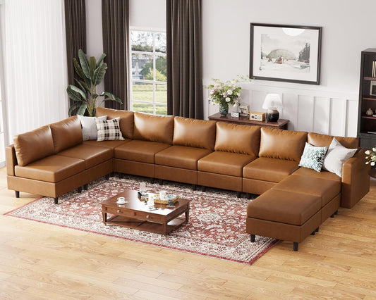 Oversized 172.5" Faux Leather Modular Sectional Sofa, Modern Large 10 Seater U Shaped Couch with Storage Seat with Reversible Chaise Deep Seat for Living Room DIY Combination - Brown