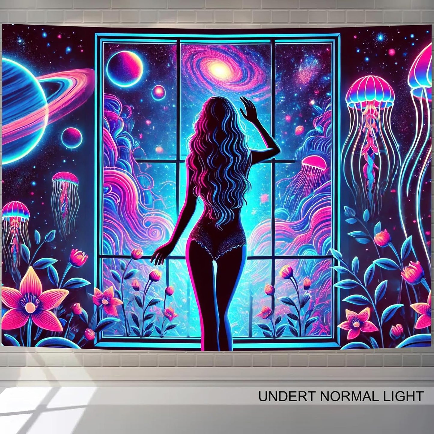 BlissYard Blacklight Tapestry Girl UV Reactive Tapestry 78x59 Inch Black Light Jellyfish Galaxy Planet Decoration Glowing Large Neon Wall Hanging for Living Room Bedroom Decor Teens
