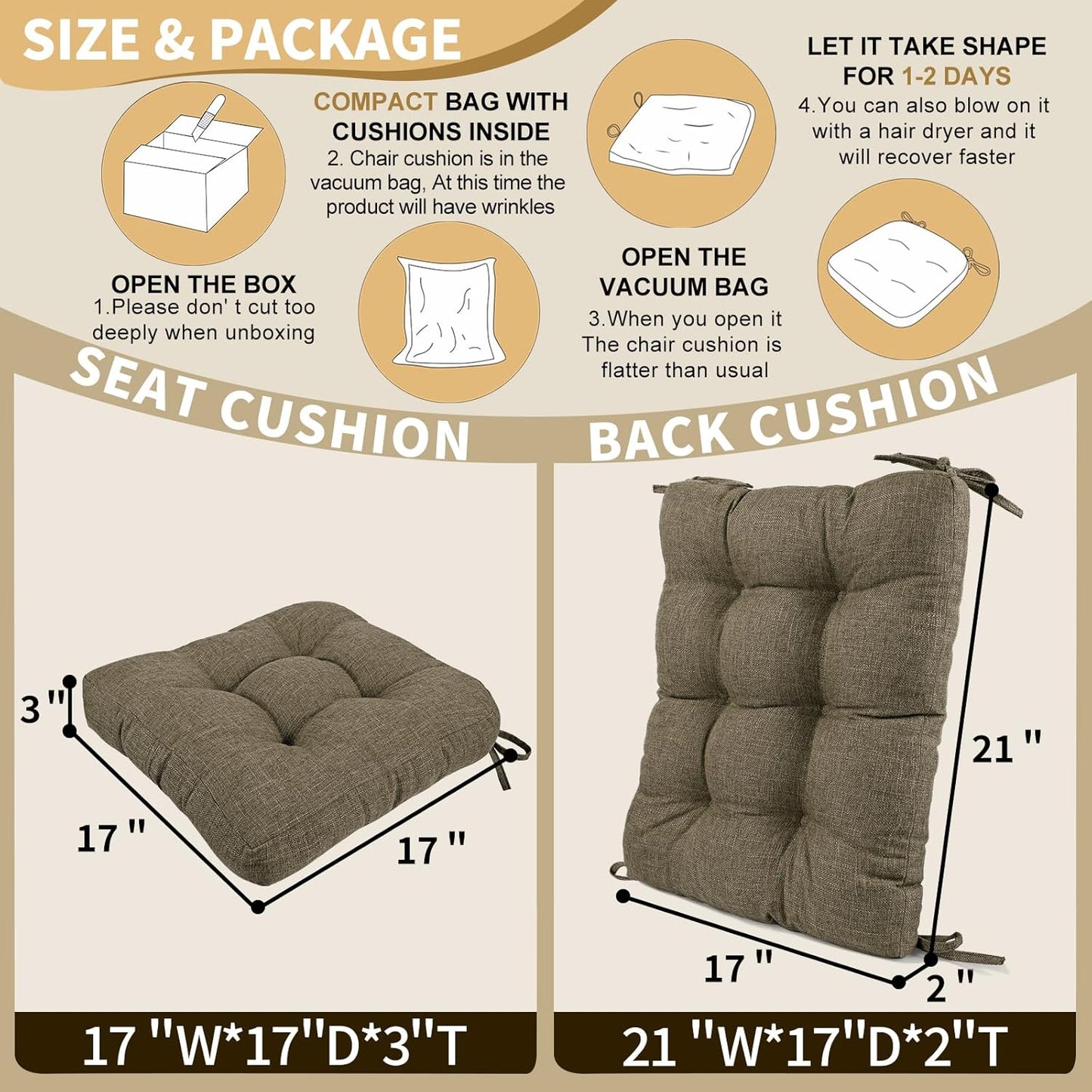 BUYUE Chair Cushion Set for Rocking Chair, Back Pillow & Seat Cushion with Ties, Original Woven Fabric Non-Slip Chair Pads for Elderly Sitting, Brown