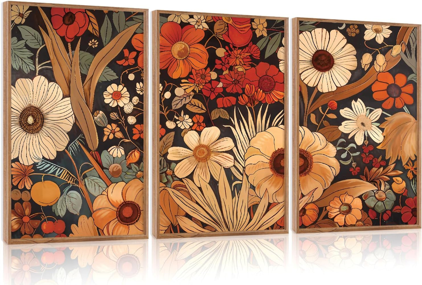 Aurlan Boho Burnt Orange Terracotta Wildflowers Framed Wall Art(16"x24"), 3 PCS Abstract Floral 3D Textured Canvas Artwork, Large Modern Vintage Botanical Nature Art Wall Decor for Home Office Living Room Bedroom